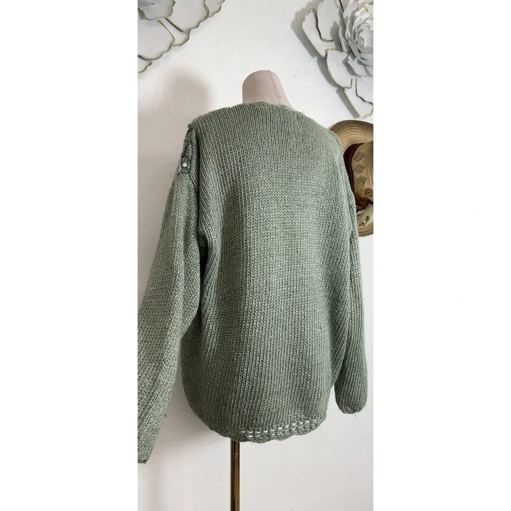VTG Shenanigans Hand Knit Sweater L Sage Green Floral Hearts Country Cottage